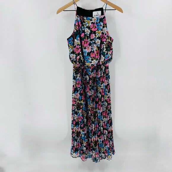 Sam Edelman Pleated Floral Midi Dress Halter Neck Black Multicolor Size 4 - Picture 1 of 10